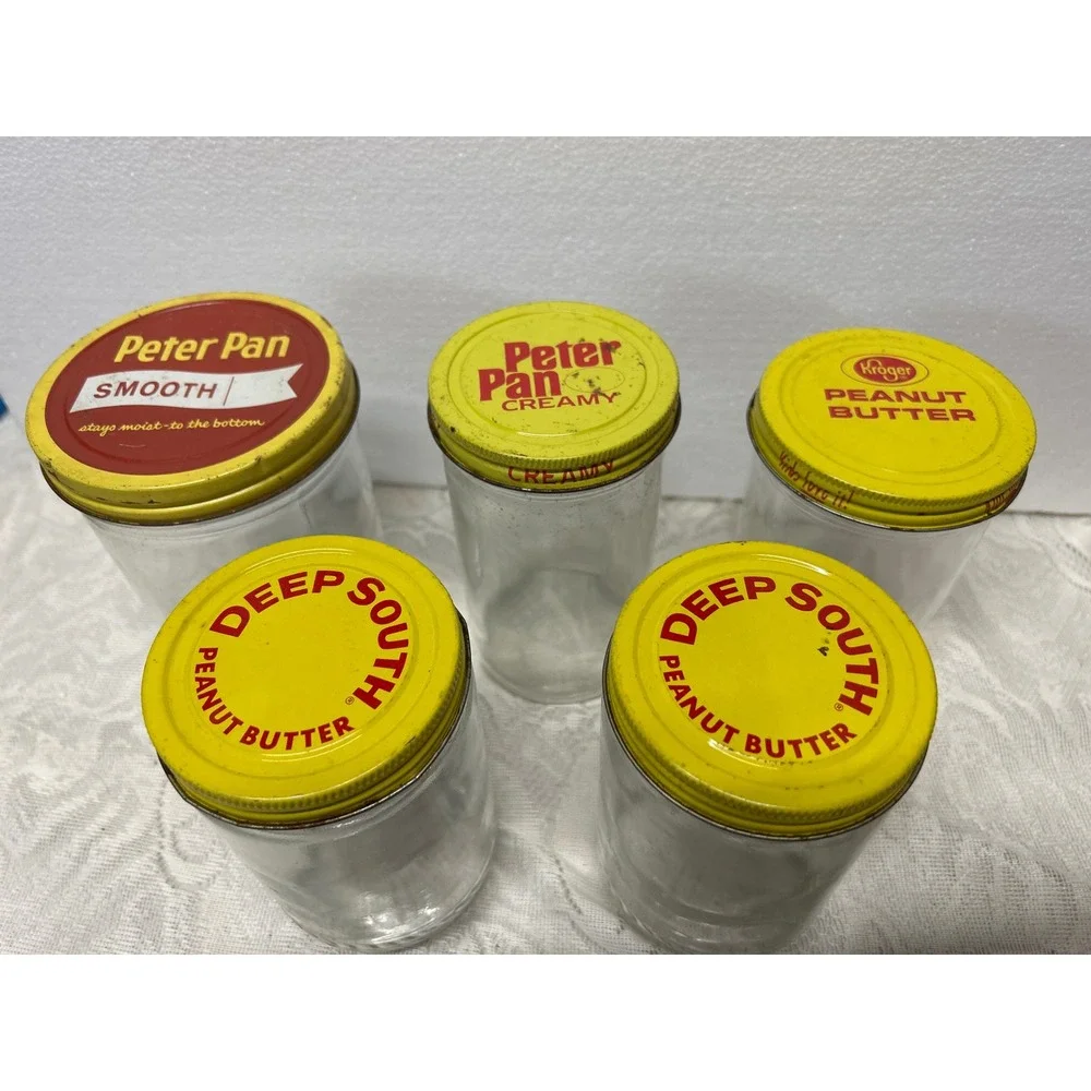 Vintage Peanut Butter Jars Lot of 5 Peter Pan Deep South Kroger Metal Lids Glass